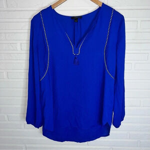 J. Crew Blue Tassel Trim V-Neck Long Sleeve Blouse, Women’s Size 0